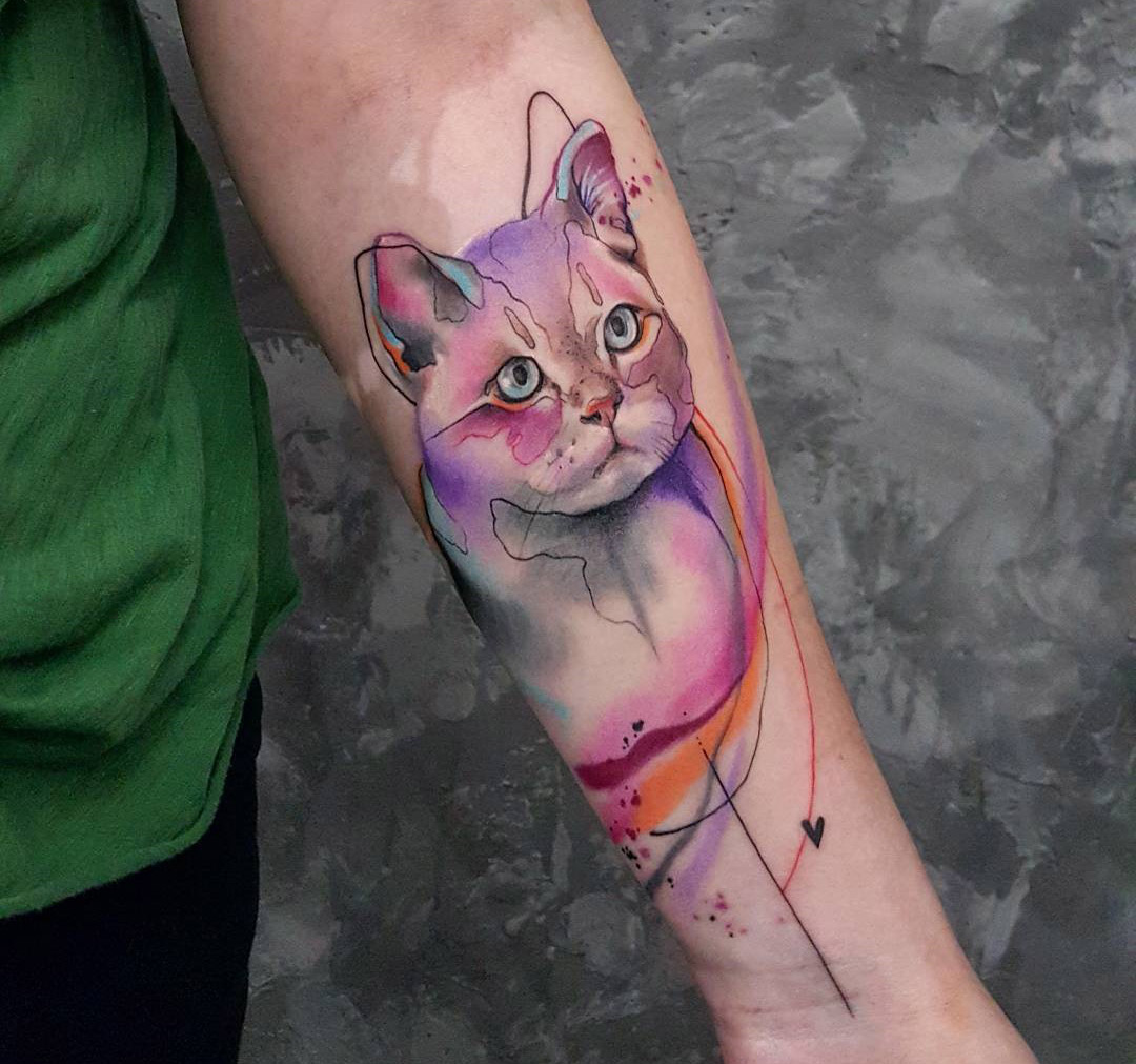 Watercolor Cat Arm Tattoo