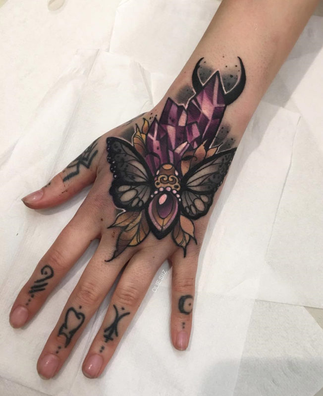 Moth & Crystals Hand Tattoo