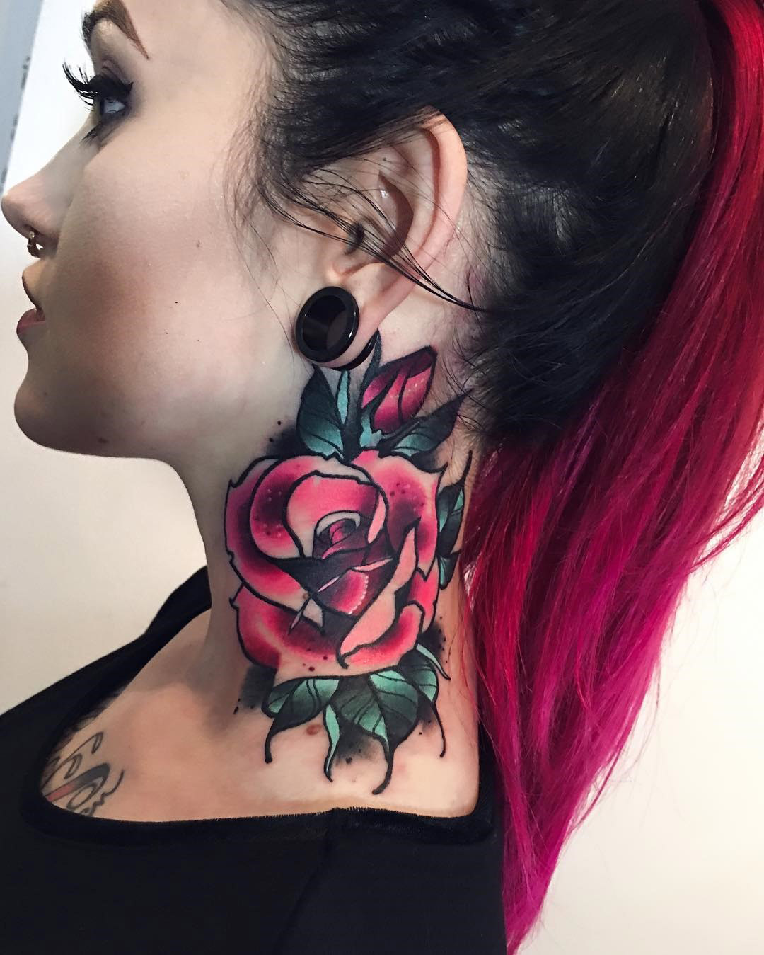 Neck Rose In Vibrant Pink Best Tattoo Design Ideas   Neck Rose Pretty Pink 