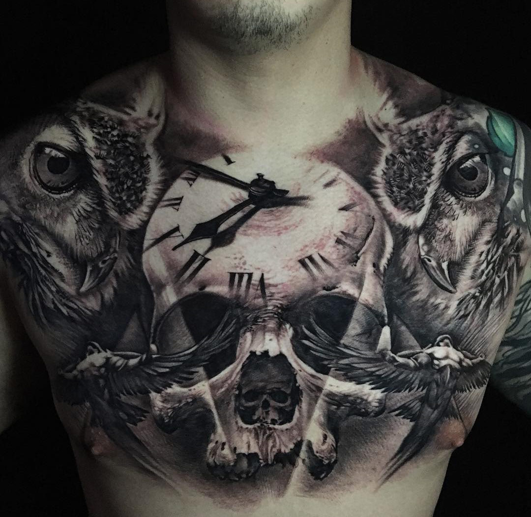 Skull, Clock & Owls, Mens Chest Tattoo