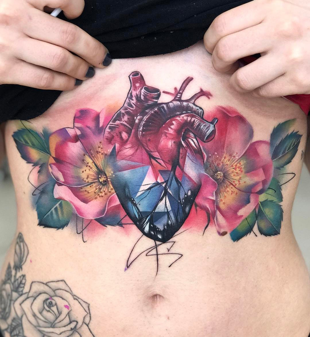 Crystal Heart & Flowers Underboob Tattoo