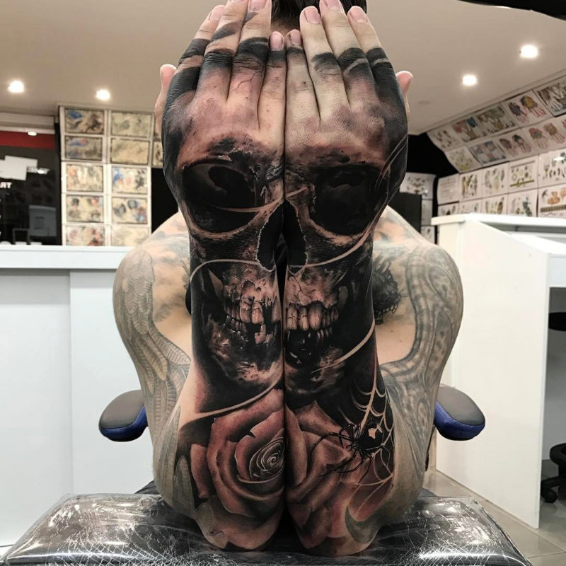 Double Hand & Arm Skull & Rose
