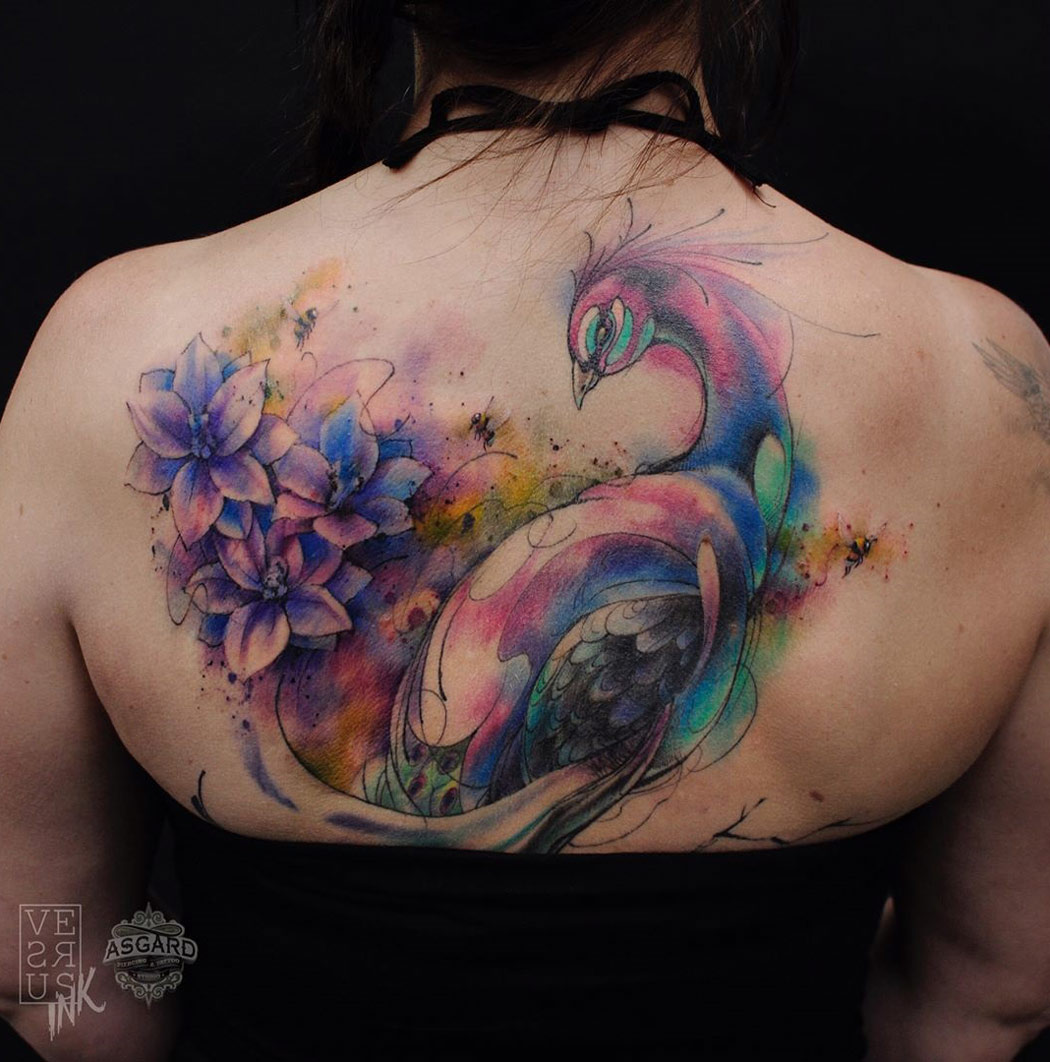 Peacock & Flowers Watercolor Back Tattoo