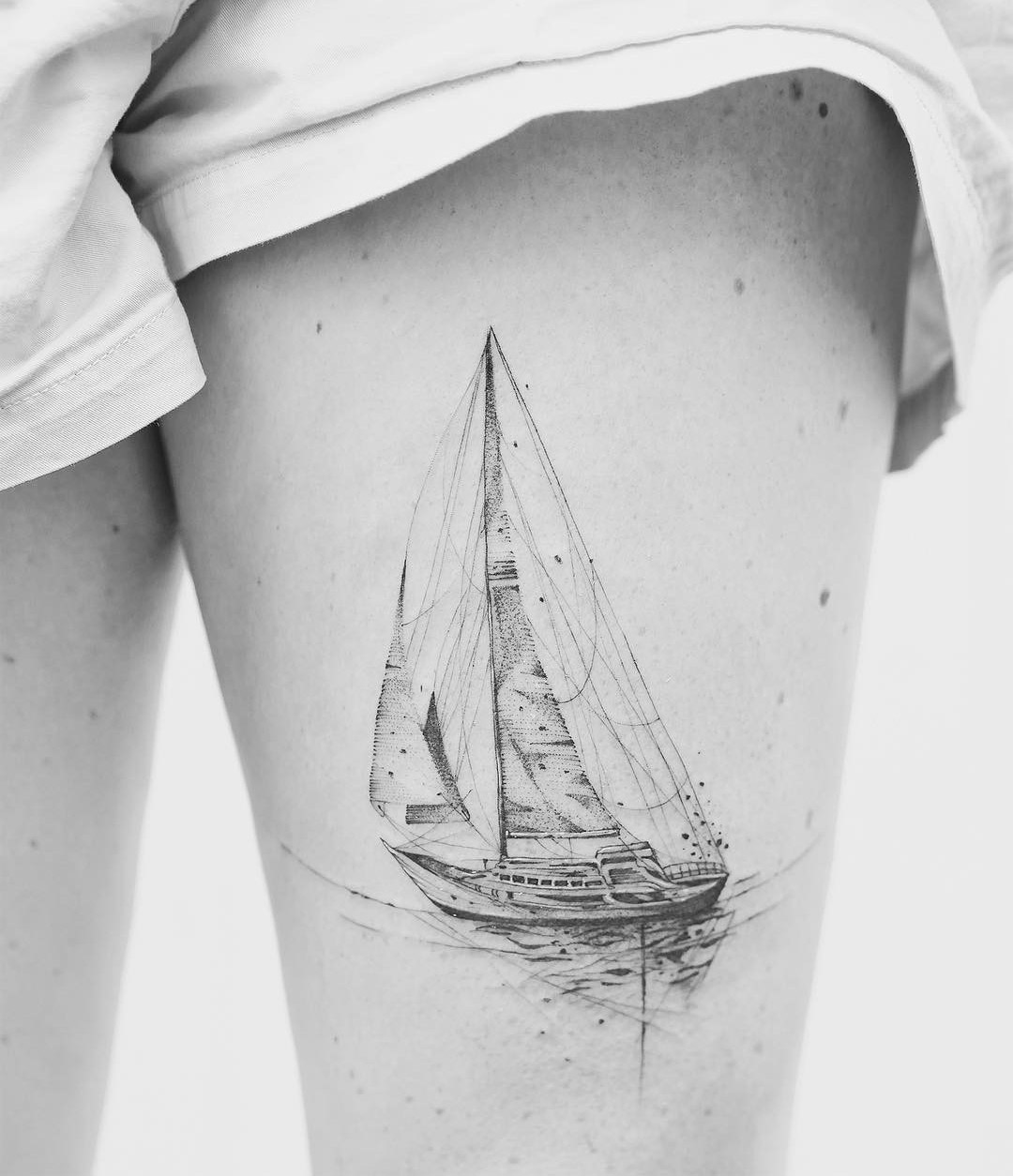 Sailing Boat Thigh Tattoo