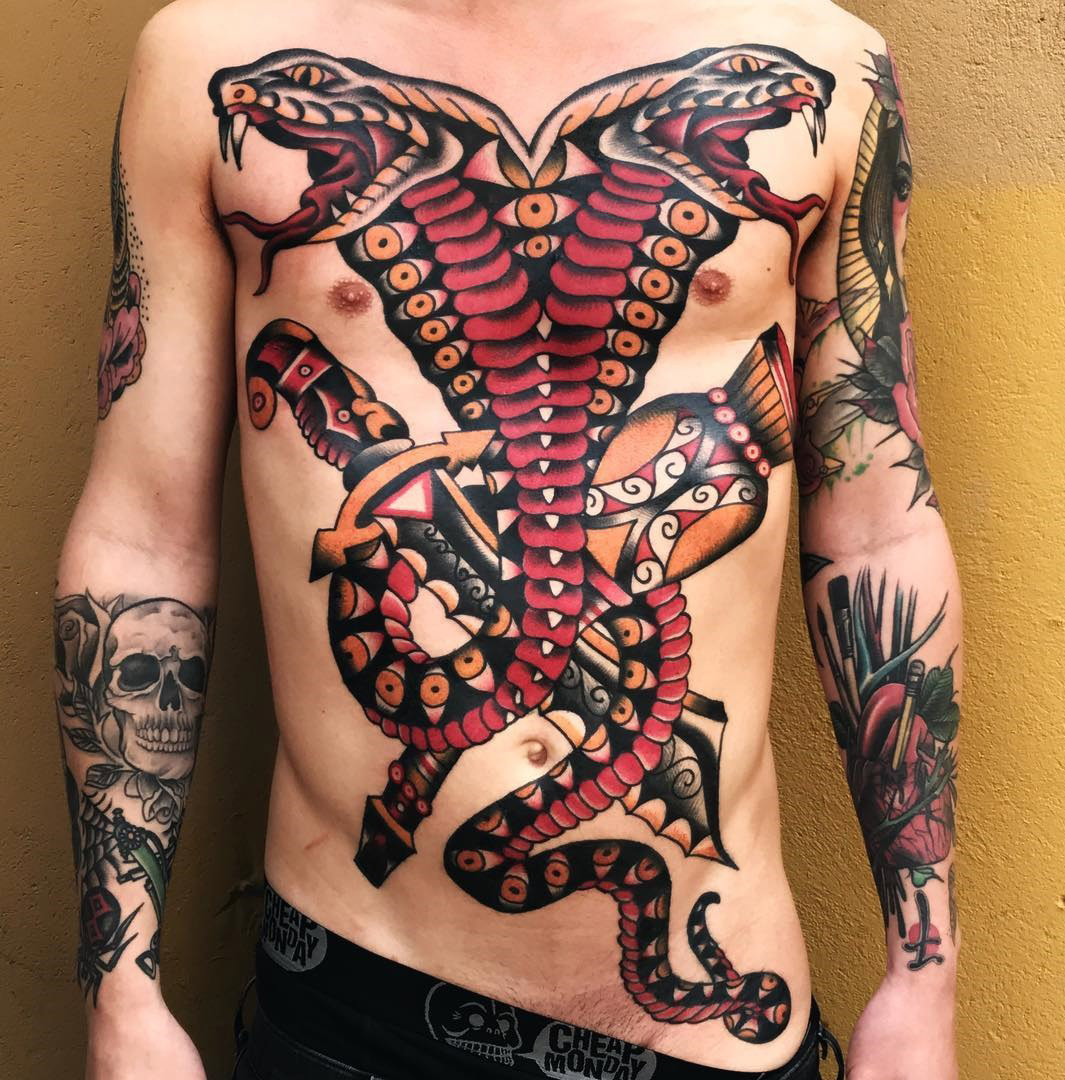 snake,two heads,cobra,sword,blade,neo traditional,mens torso tattoo.