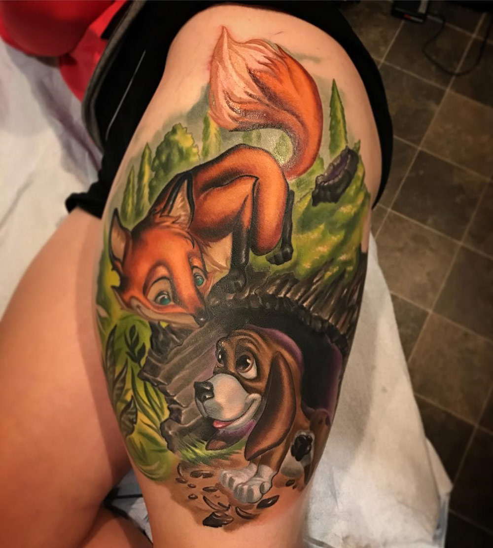 The Fox and the Hound piece done on girl's thigh by Tanane Whitfie...