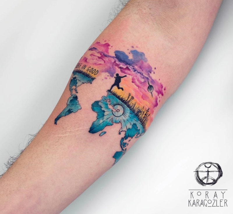 Travel tattoo, colorful map