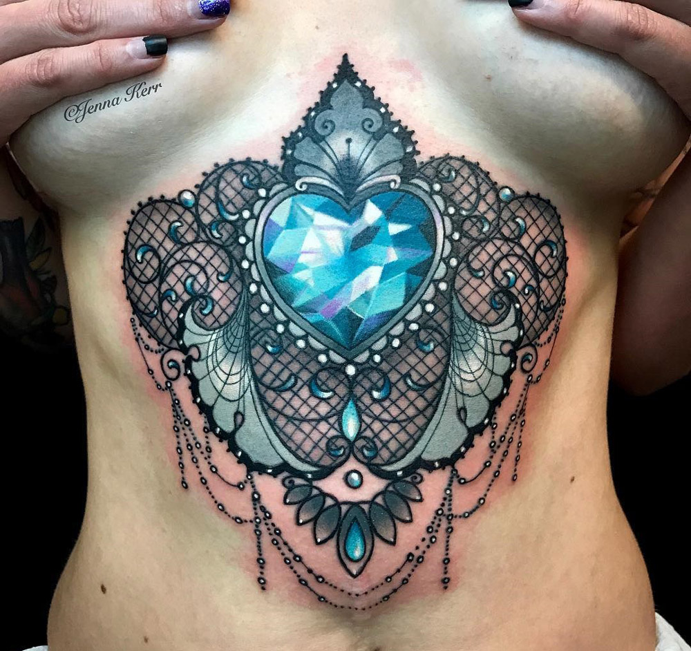 Underboob tattoo, lace and diamond