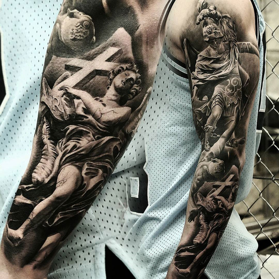 St Michael sleeve tattoo Looking to get this StMichael rendition on my  outer bicepshoulder to start a half sleeve Wanted some opinions on how  this would look Im that scenario  rTattooDesigns