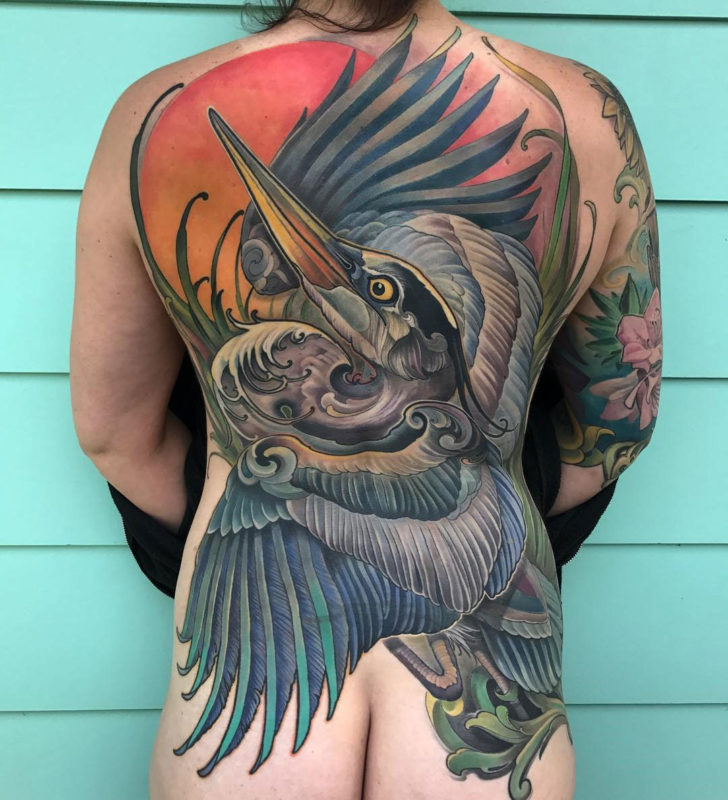 Heron Bird, Girls Full Back Tattoo