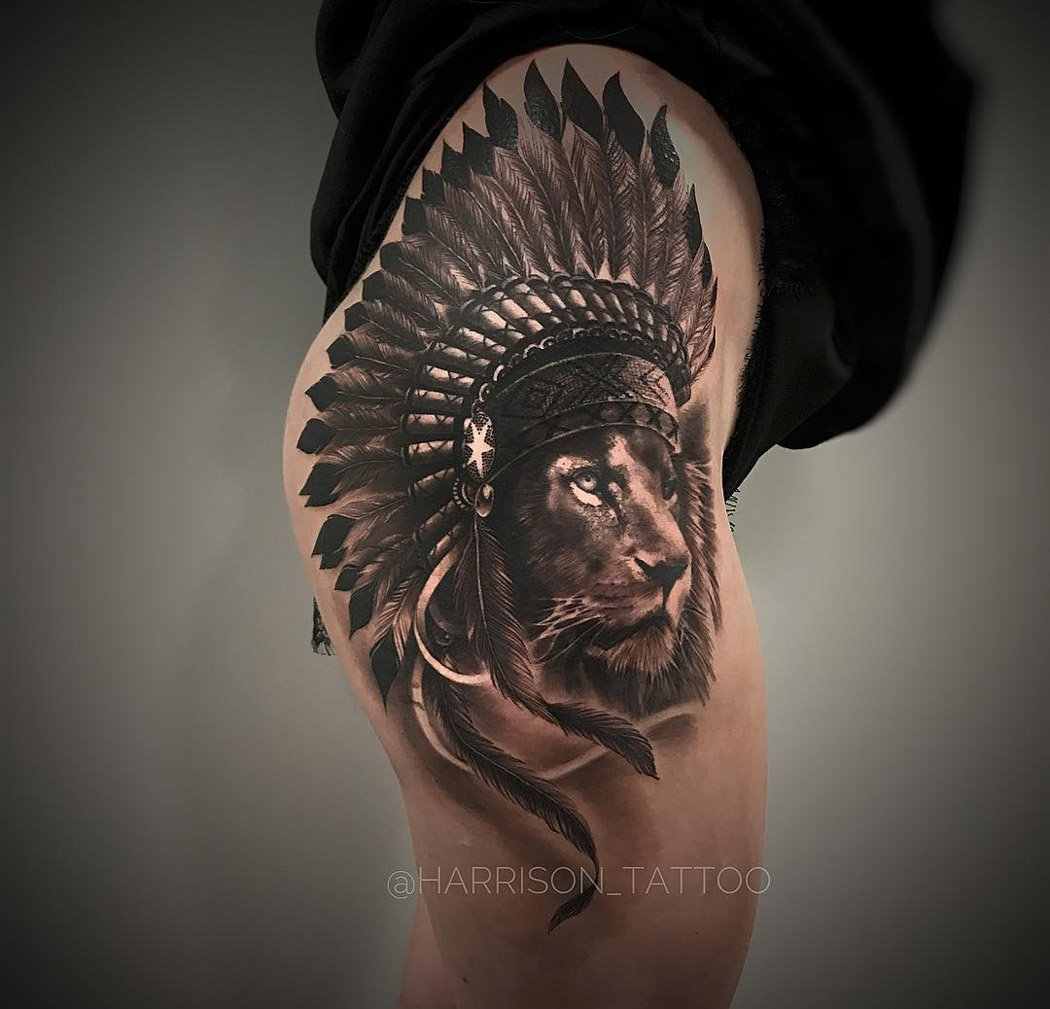 Lion & Headdress Hip Tattoo