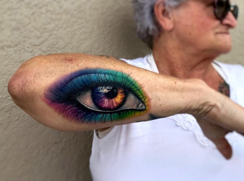 Magical eye tattoo, woman's forearm