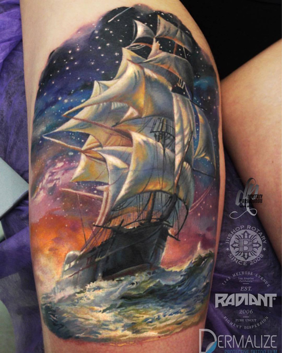 Sailing Ship Thigh Tattoo