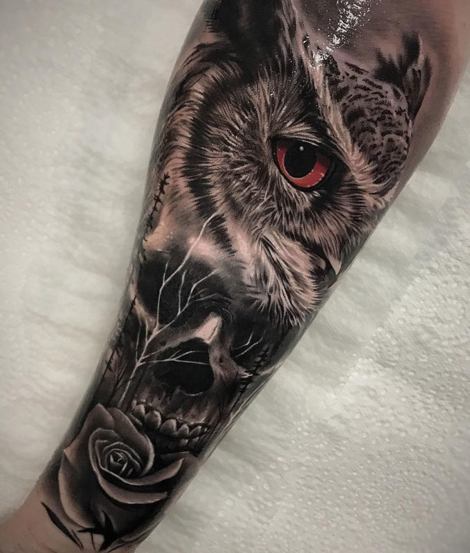 Owl, Skull & Rose morph tattoo