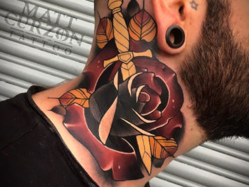 Dagger & rose neck tattoo