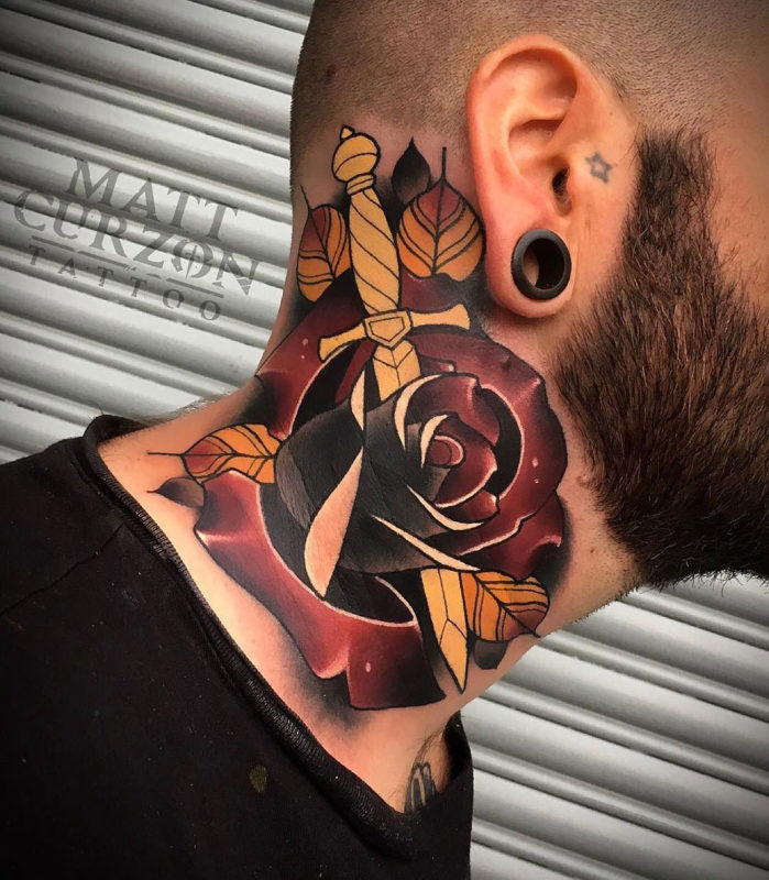 Dagger & rose neck tattoo