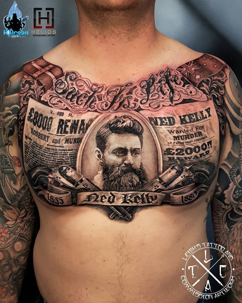 Ned Kelly tattoo, men's chest piece