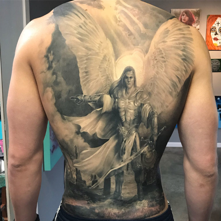help finding this tattoo source image? it's of arc angel michael, i tried  reaching out to the original account/artist that posted this and they said  they didn't have a source. no luck