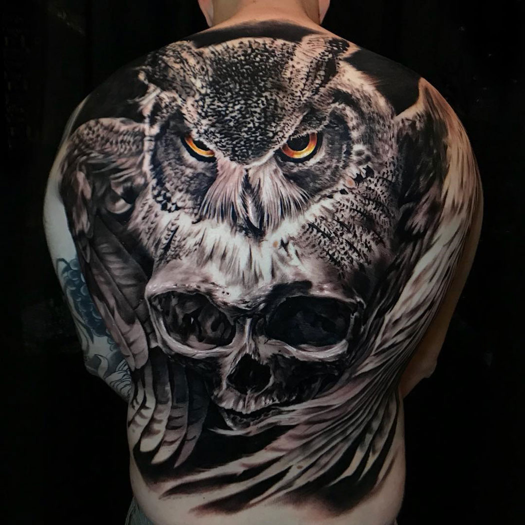 Owl & skull back tattoo