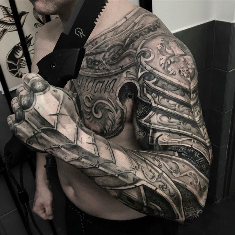 Armour tattoo, mens chest & sleeve