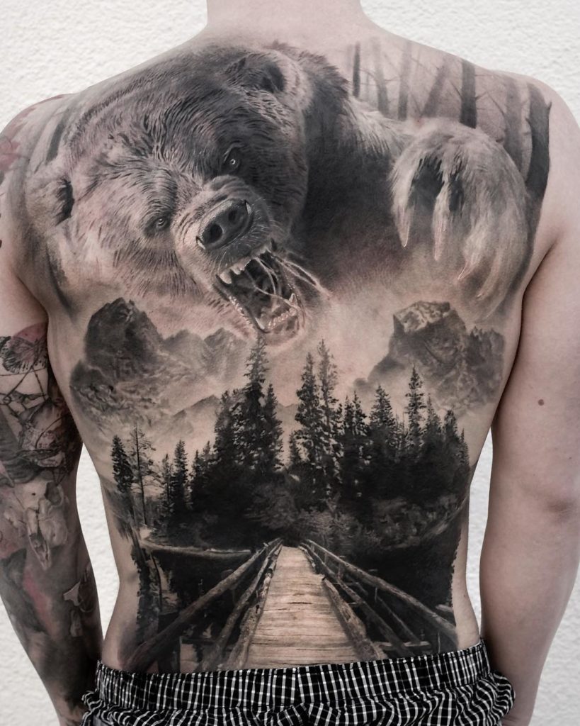 Bear & Lake, Full Back Tattoo