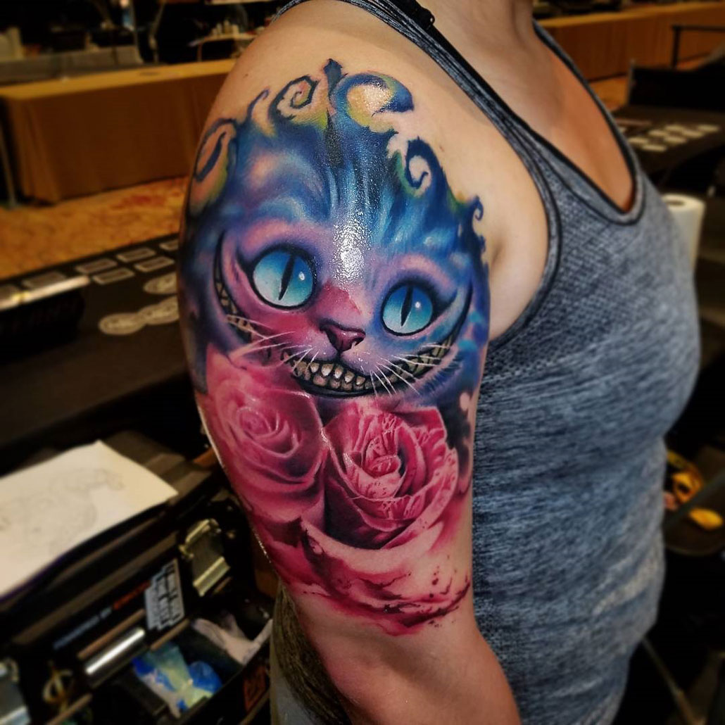 Cheshire Cat & pink roses