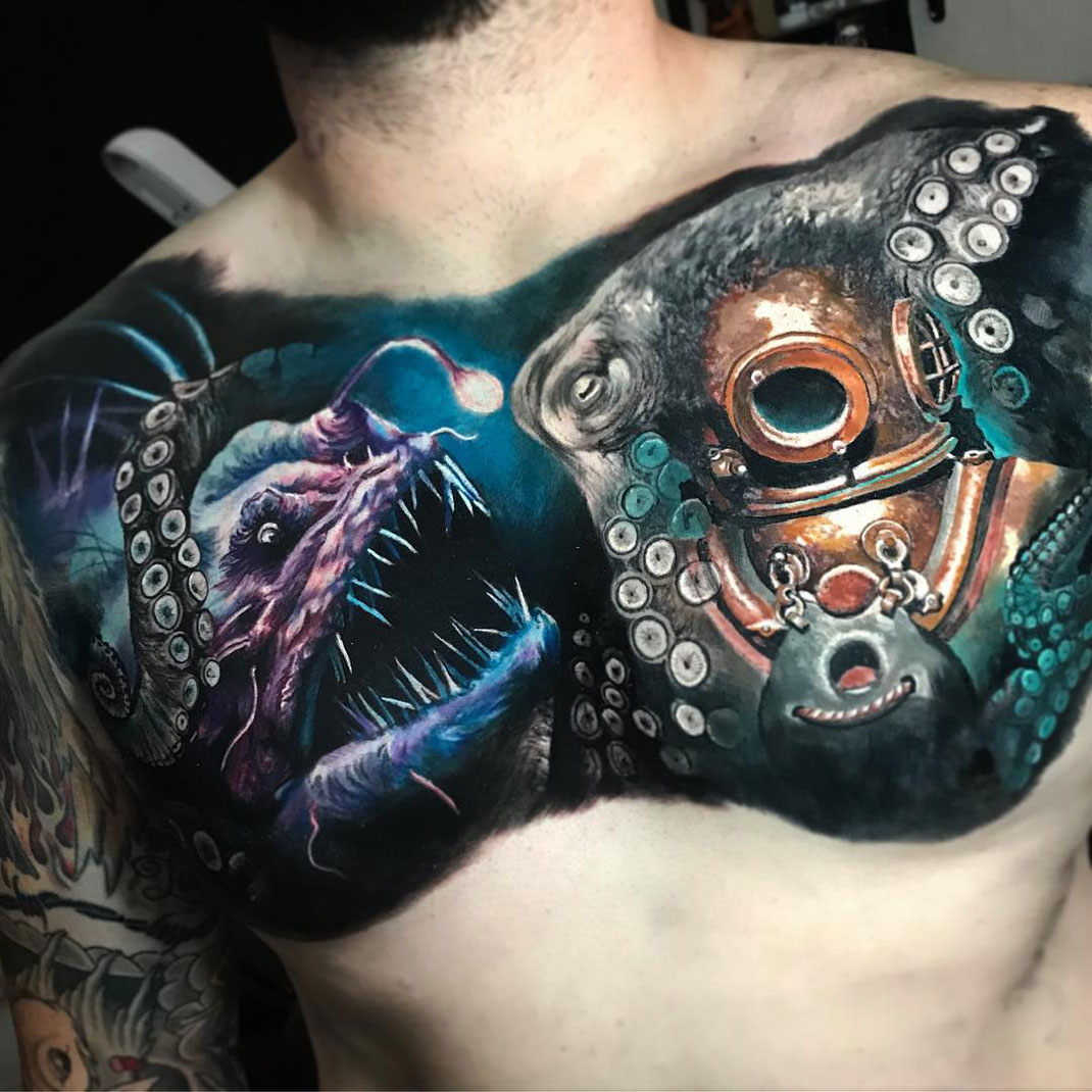 Angler Fish & Diver Chest Tattoo