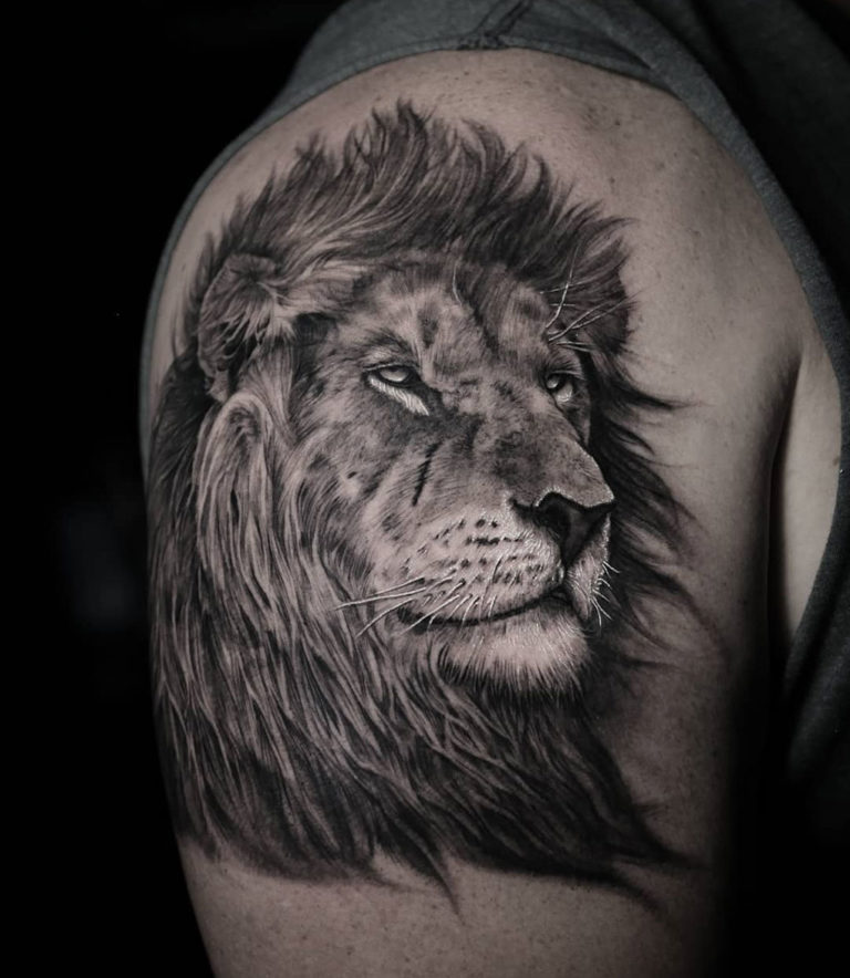 Jeff Norton Tattoos : Tattoos : Realistic : Black and Grey Lion Portrait  (finished)