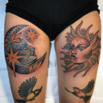 Moon & sun thigh tattoo