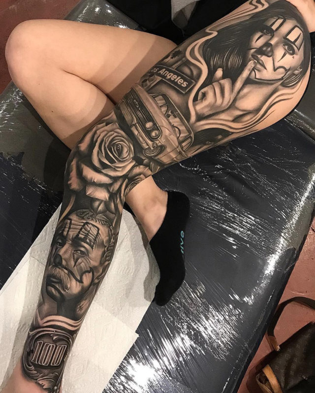 LA leg sleeve tattoo