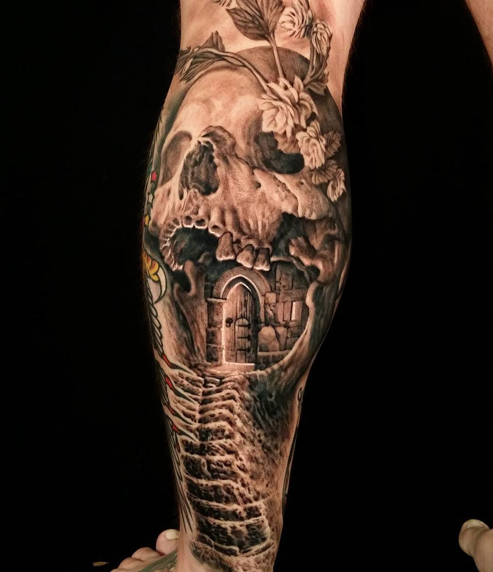 Skull & Stairway Calf Tattoo | Best tattoo design ideas