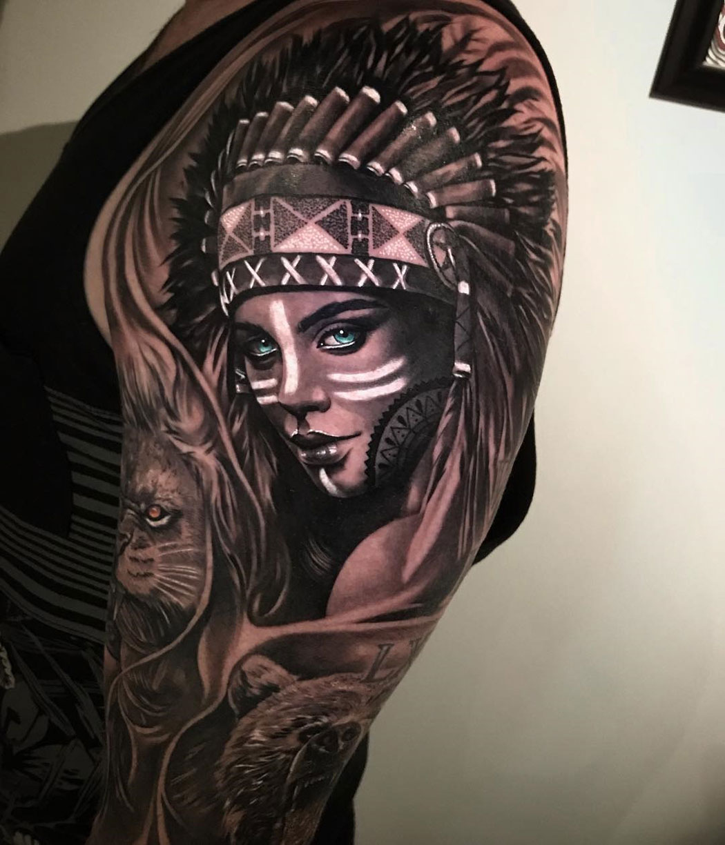 traditional indian girl tattoo by Kike Castillo TattooNOW