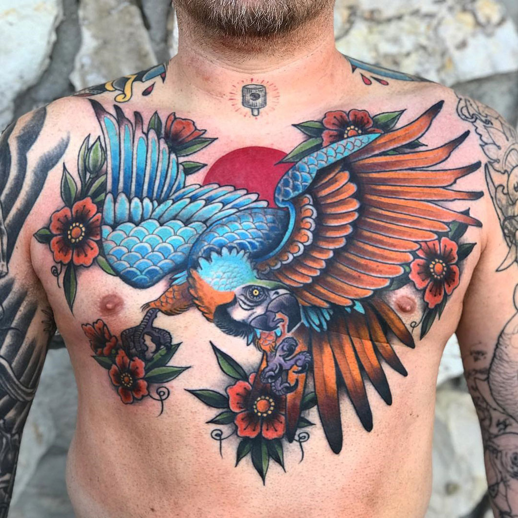 Macaw Chest Tattoo