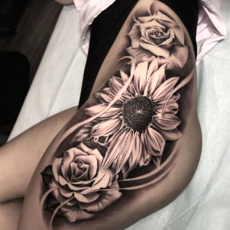 Sunflower Roses Girl S Hip Tattoo