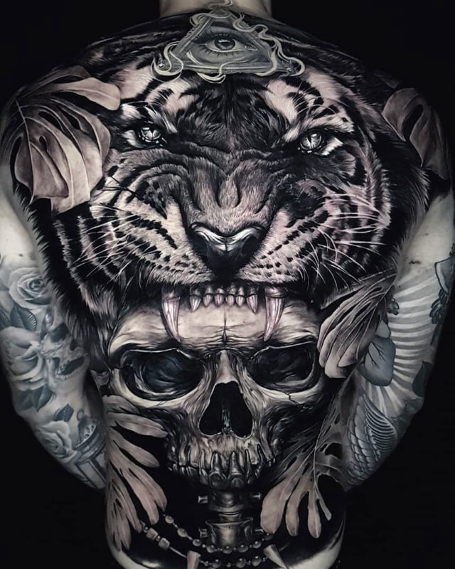 Tiger & skull full back tattoo