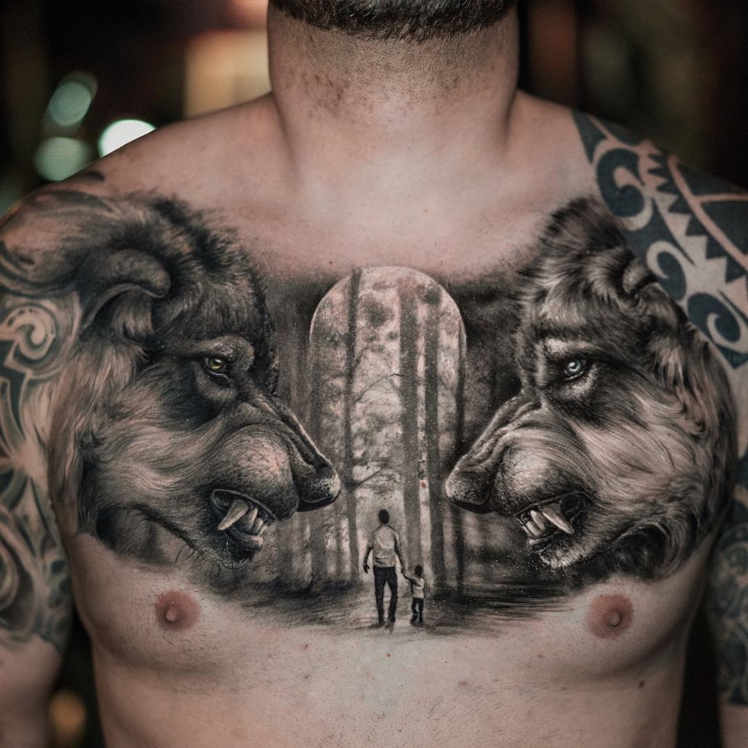 Wolves chest tattoo