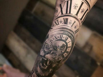 Clock & Lion Morph Tattoo