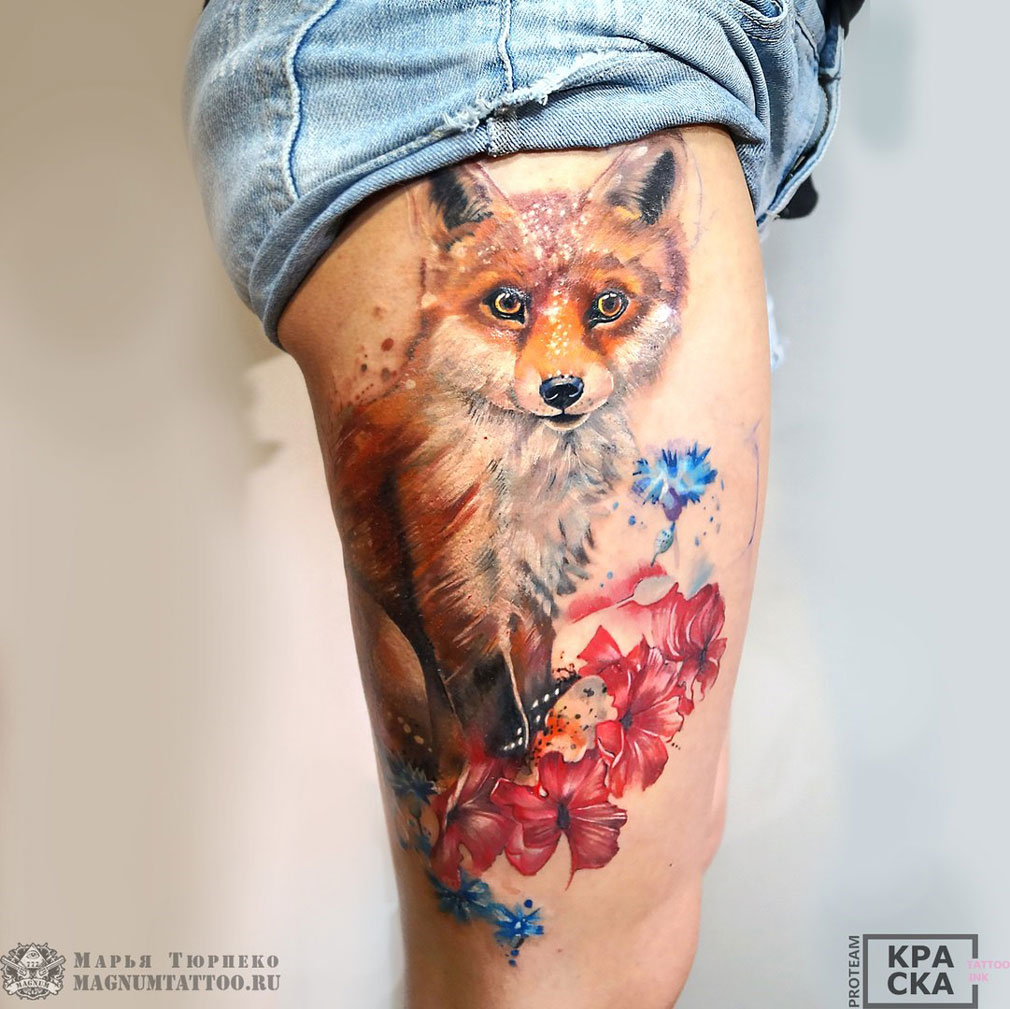 Watercolor fox leg tattoo