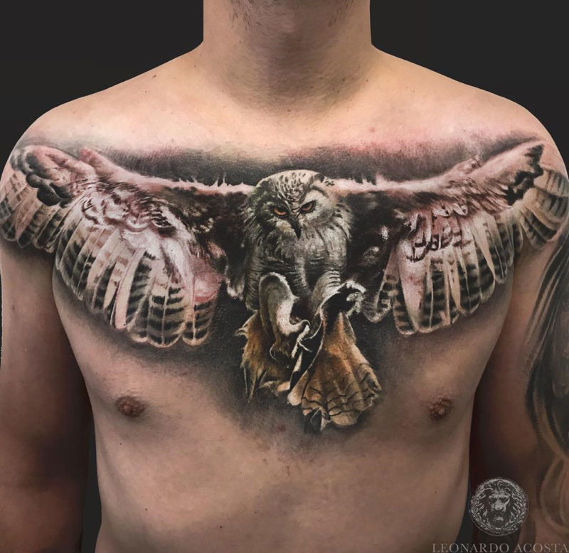 Flying Owl, men's chest tattoo