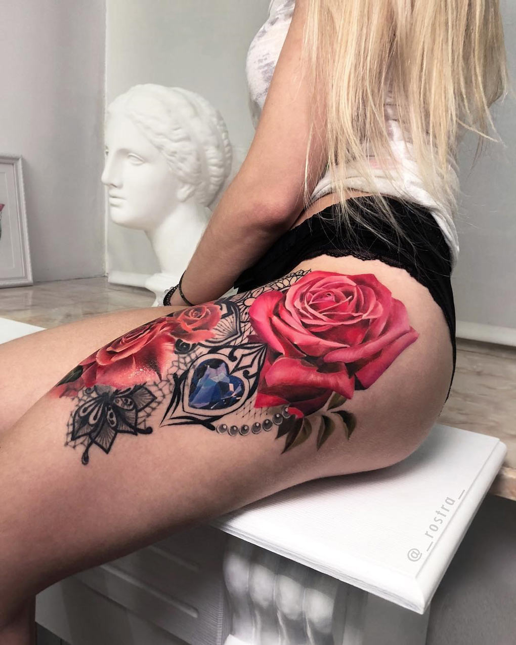 Pink roses & lace thigh tattoo