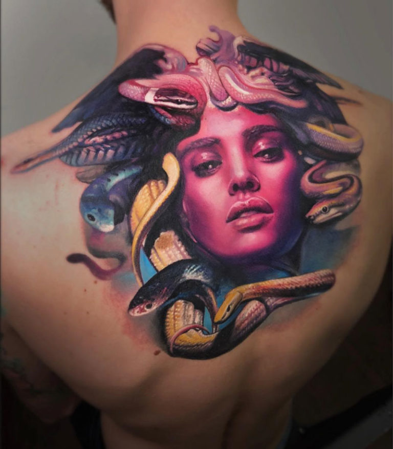 Medusa Portrait With a Pink Face, Arty Back Tattoo