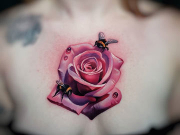 Pink Rose with Bees, chest tattoos