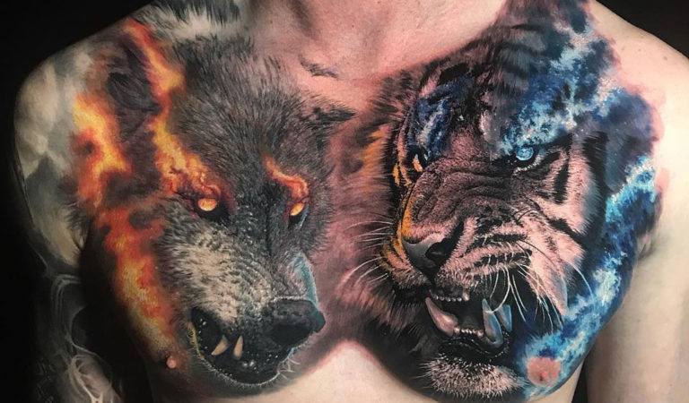 Tiger Vs Wolf Chest Tattoo