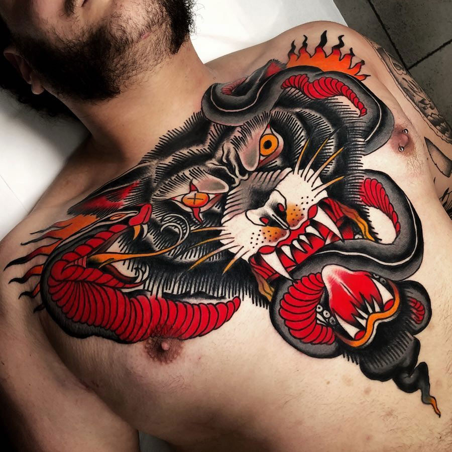 Wolf & Snake Chest tattoo