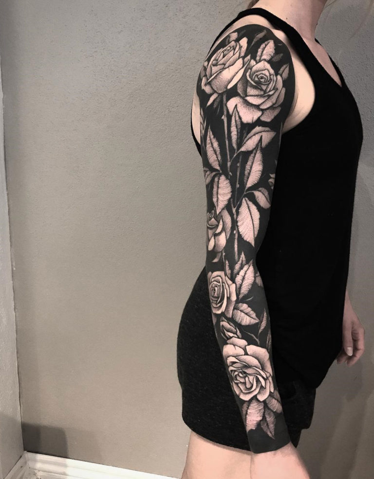 Black Ink Sleeve With White Roses
