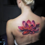 Realistic pink Lotus Flower back tattoo