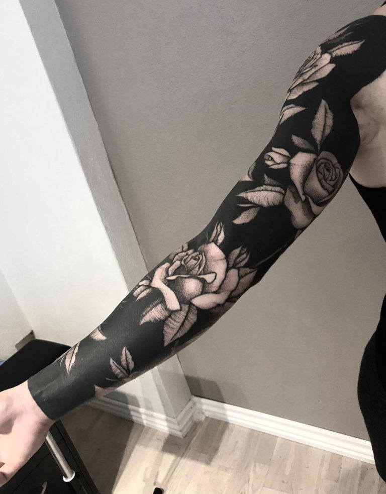 Roses, black background sleeve | Best Tattoo Ideas For Men & Women