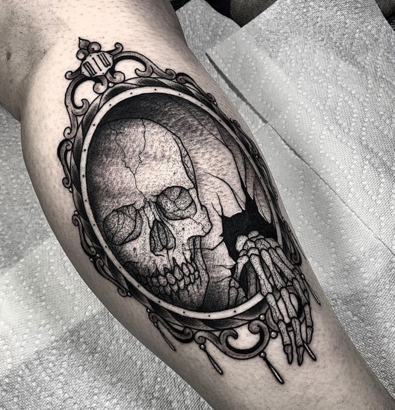 Mystic Eye Tattoo : Tattoos : Custom : Realistic Mirror with Skull in Black  and Gray