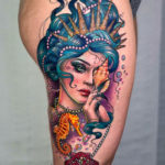 Mermaid & seahorse thigh tattoo