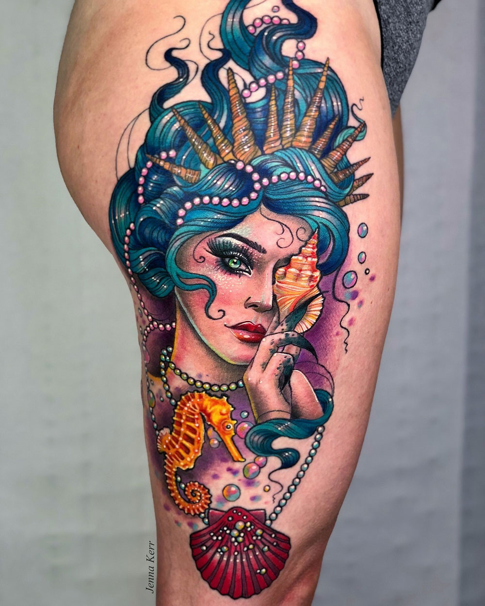 Mermaid & seahorse thigh tattoo